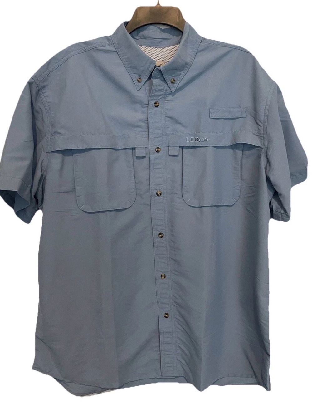 L.L. Bean Men's Short-Sleeve Button-Down Fishing Shirt - Light Blue Size Large